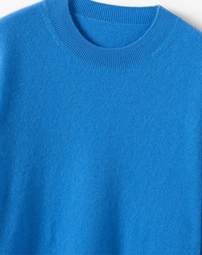 Pull cachemire printemps bleu, col rond, coupe loose, doux et confortable |SuzzaneMarket