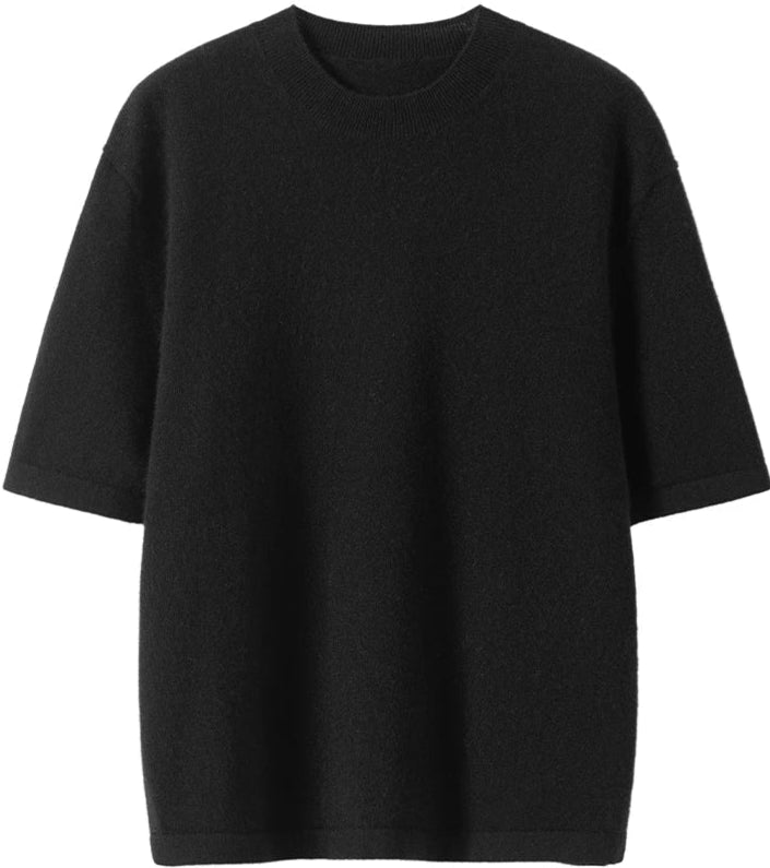 Pull cachemire noir pour le printemps, col rond, manches courtes, coupe loose |SuzzaneMarket