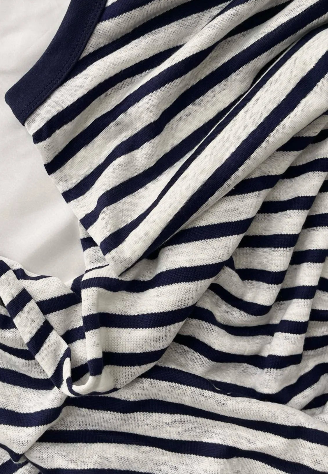 Close-up of navy and white striped fabric for the ELSA Tube Jersey Robe. Soft, lightweight material. |SuzzaneMarket
