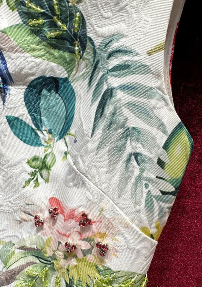 Robe imprimée brodée avec perles et pierres, coupe Empire, motifs floraux, col rond | SuzzaneMarket