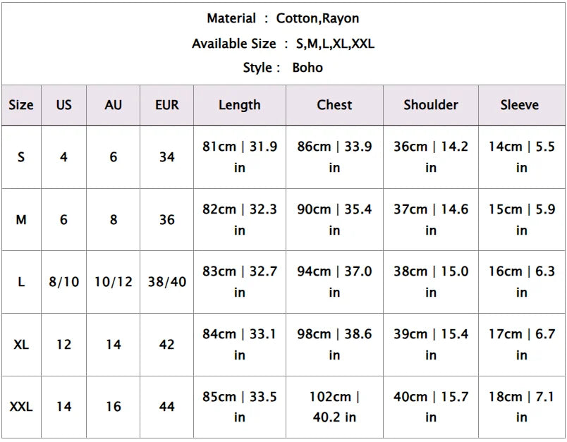 Size chart for Robe Plage Bohème - HAPI - detailing measurements in US, AU, EUR, and style specifications.