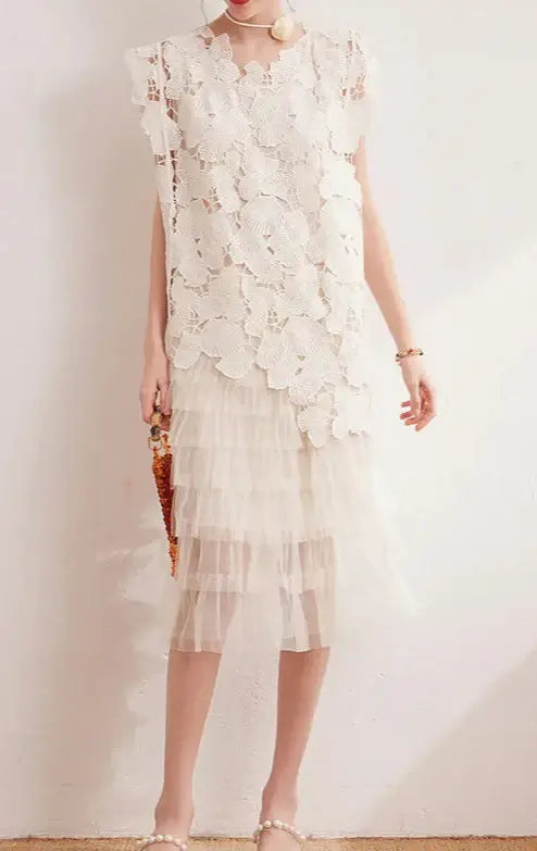 Romantique Dentelle et Transparence robe créateur blanche, haut en dentelle, jupe plissée transparente |SuzzaneMarket