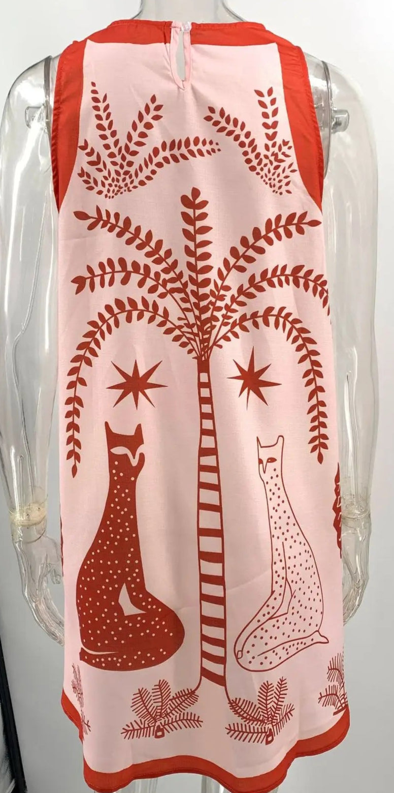 Mini-robe lin et polyester avec motifs de chats et palmiers, sans manches et fermeture dos | SuzzaneMarket