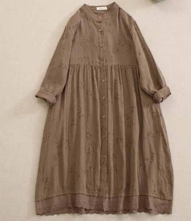 Robe Japonaise Mori en coton, ample avec manches longues et jupon festonné, couleur brun. |SuzzaneMarket