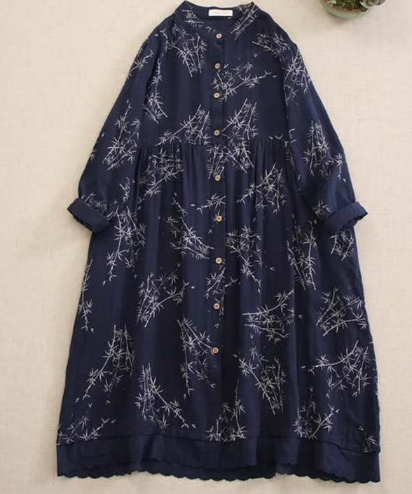 Robe Japonaise Mori SAYA en bleu marine à motifs délicats, manches longues, 100% coton | SuzzaneMarket