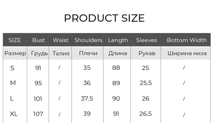 Product size chart detailing bust, waist, shoulders, length, sleeves, and bottom width measurements | SuzzaneMarket