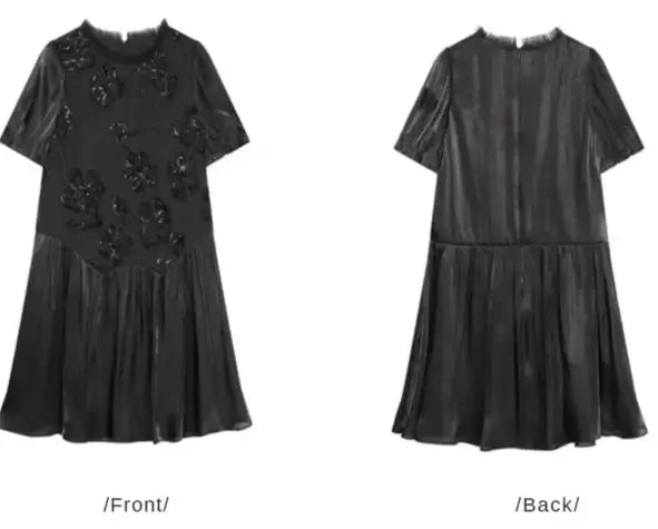 Petite Robe Noire en Tulle avec Broderies de Sequins, Coupe Loose, Vue Avant et Arrière | SuzzaneMarket