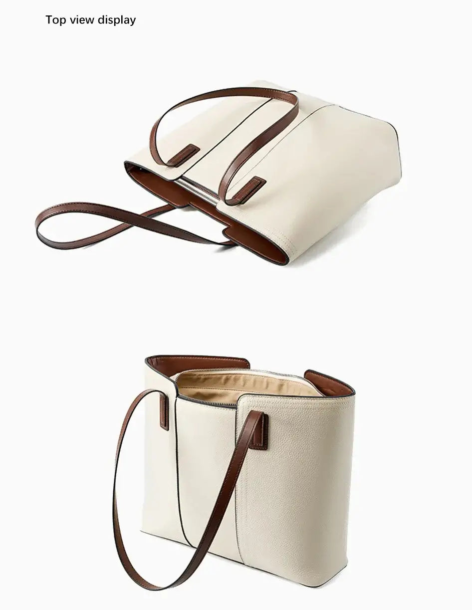 Sac Tote Cuir Grainé CASSI beige avec doubles anses et poches intérieures, vue de dessus.