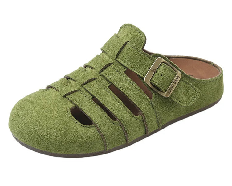 Sabots en cuir suède vert avec brides et boucle, semelle intérieure confortable | SuzzaneMarket