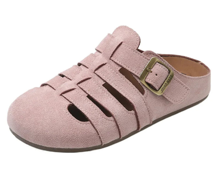 Sabots en cuir suède rose avec brides et boucle, semelle intérieure confortable | SuzzaneMarket