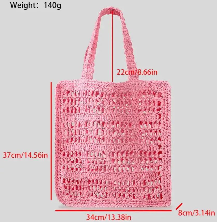Grand tressé fourre-tout en paille rose, léger et ouvert, idéal pour le shopping ou la plage. Dimensions : 37x34 cm.