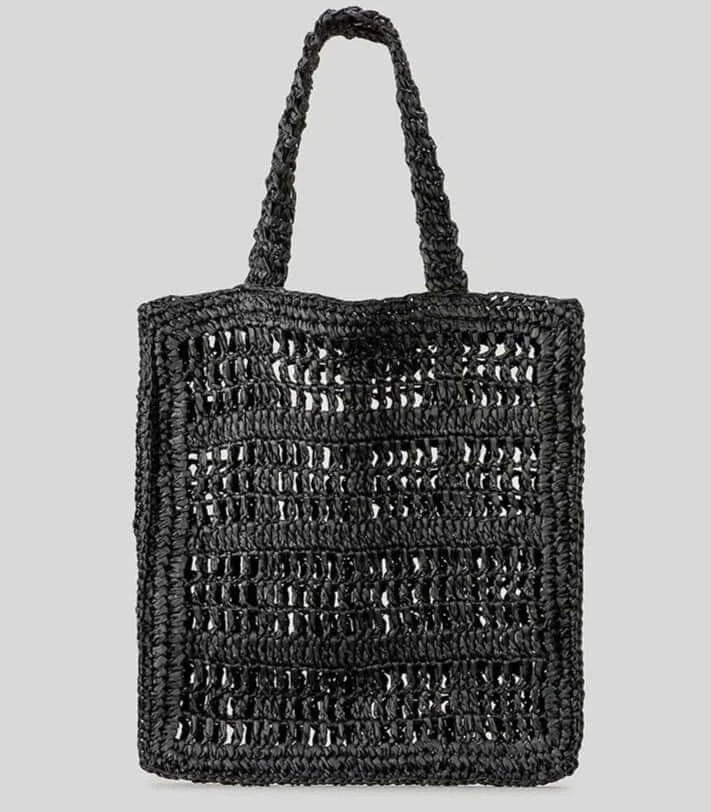 Grand Fourre-tout Paille PALLI - Grand sac en paille tressée, non doublé, ouvert, en noir.