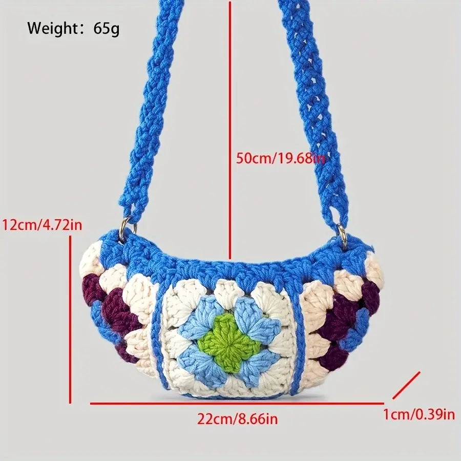 Bandoulière Banane Crochet sac en laine tressée, design ouvert sans doublure, dimensions et poids indiqués.