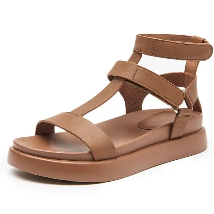 T-bar compensées sandales gladiateur à double bride cheville en marron | SuzzaneMarket