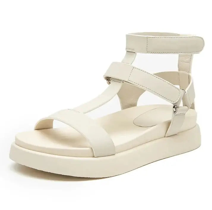 Sandales T-bar compensées beige avec double bride cheville et fermeture par scratch | SuzzaneMarket