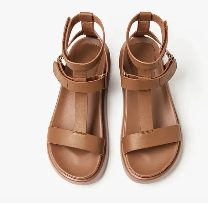 T-bar gladiator sandals in brown with double ankle straps and velcro closure | SuzzaneMarket
