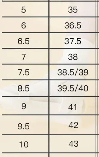 Size chart for T-bar compensées sandals, showing shoe sizes and corresponding measurements | SuzzaneMarket