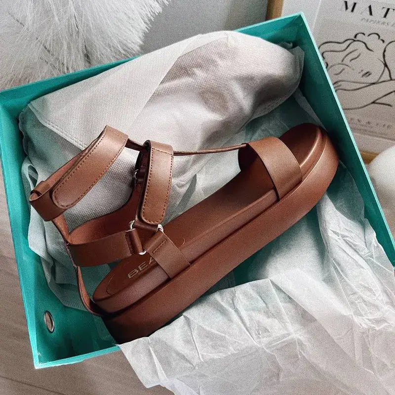 T-bar compensées sandales gladiateur marron dans une boîte avec papier de soie | SuzzaneMarket