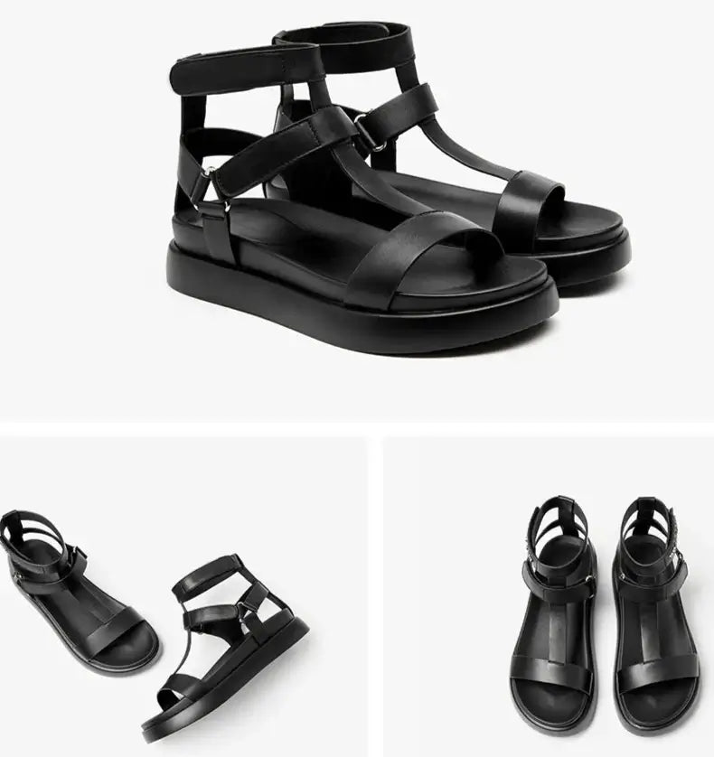 T-bar compensées sandales gladiateur en noir, double bride cheville, fermeture scratch | SuzzaneMarket