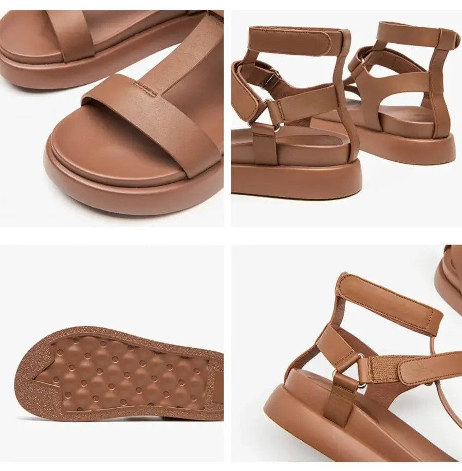 T-bar compensées sandales gladiateur en marron, double bride, fermeture par scratch | SuzzaneMarket