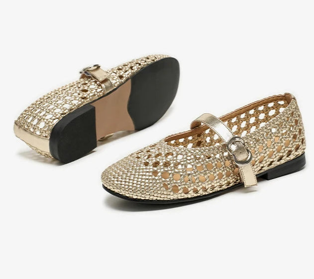 Mary Janes en cuir tressé doré avec boucle, élégantes et confortables | SuzzaneMarket