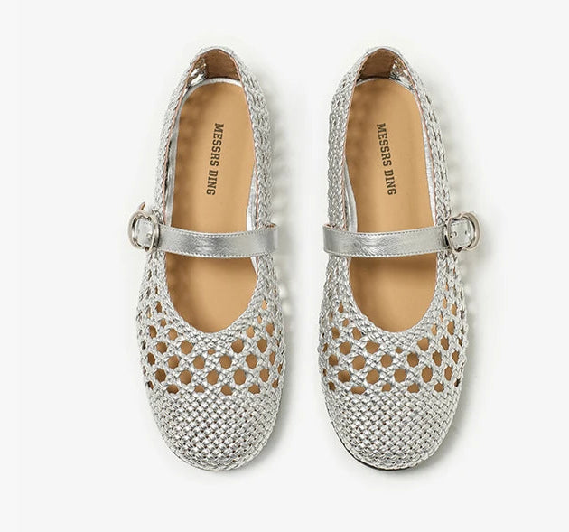 Mary Janes en cuir tressé argenté avec boucle, style Soirée - HOLI - 2 couleurs | SuzzaneMarket