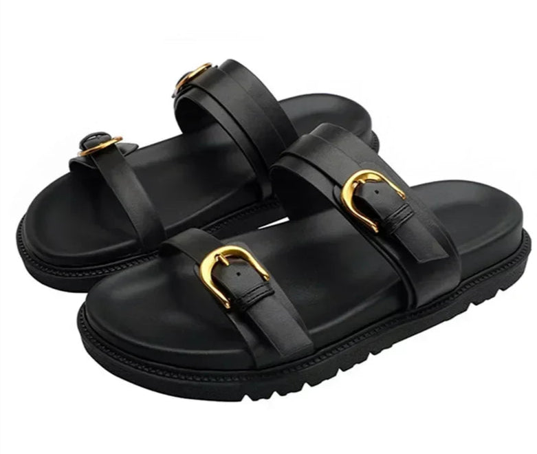 Claquette Gladiator Plateforme en cuir synthétique noir avec double bride et semelle épaisse | SuzzaneMarket