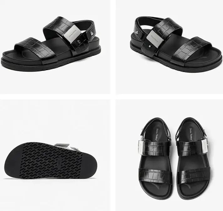 Sandales Gladiator Cuir Frappé en noir avec brides larges et réglables | SuzzaneMarket