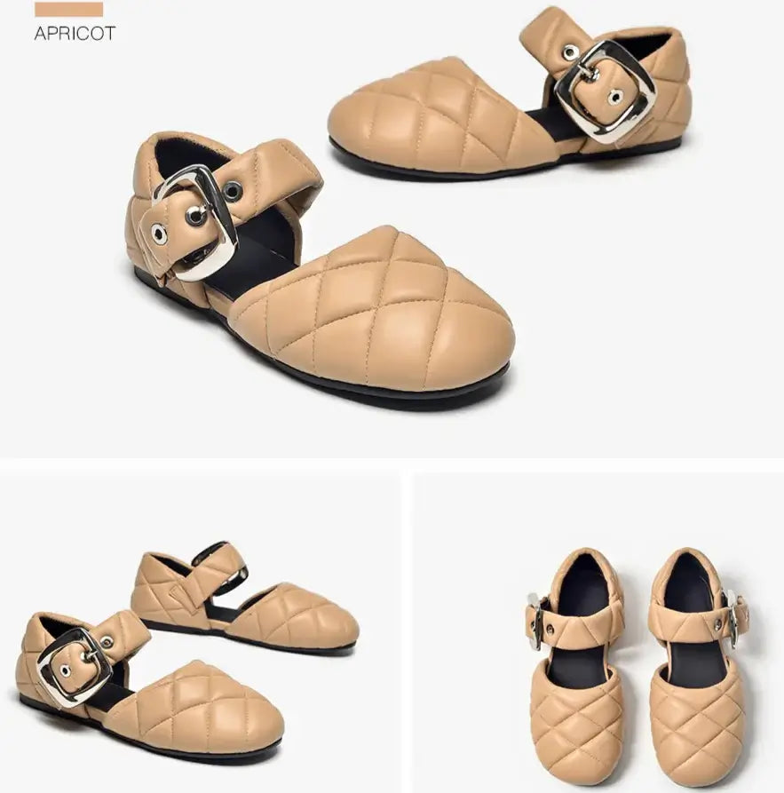 Sandales en cuir matelassé MELY couleur abricot, bout rond, grande boucle, confortables | SuzzaneMarket