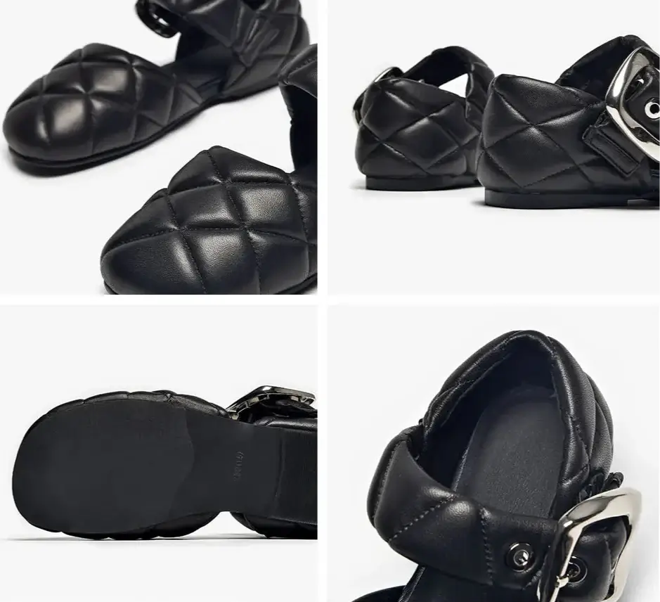 Sandales cuir matelassé noires, bout rond, large bride et boucle, semelle intérieure cuir |SuzzaneMarket