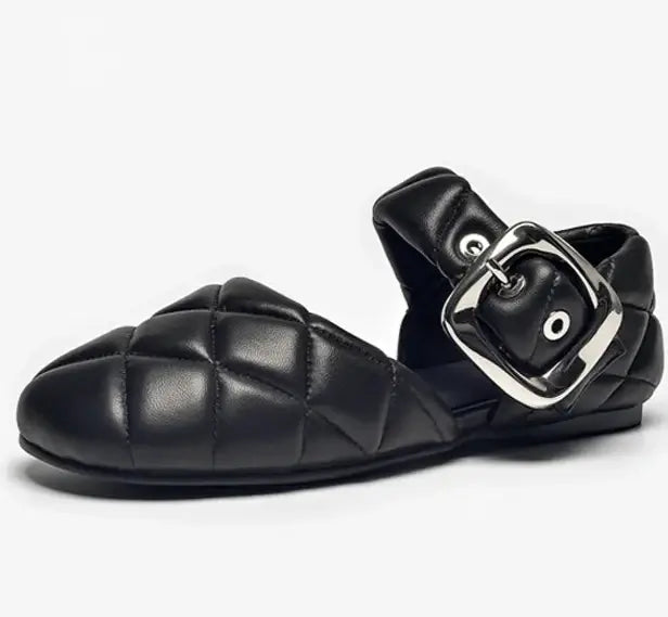 Sandales Cuir Matelassé noires, bout rond avec boucle, effet matelassé | SuzzaneMarket