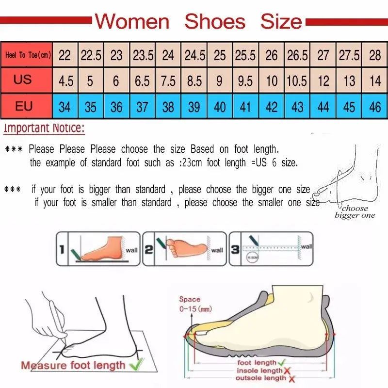 Size chart for women's shoes, showing US and EU sizes with measurement guidance | SuzzaneMarket.