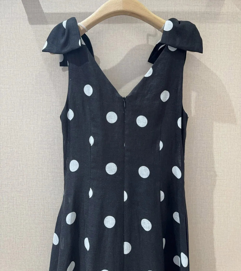 Robe Lin Bretelles nouées en noir à pois blancs, encolure V, zip au dos, longueur midi |SuzzaneMarket