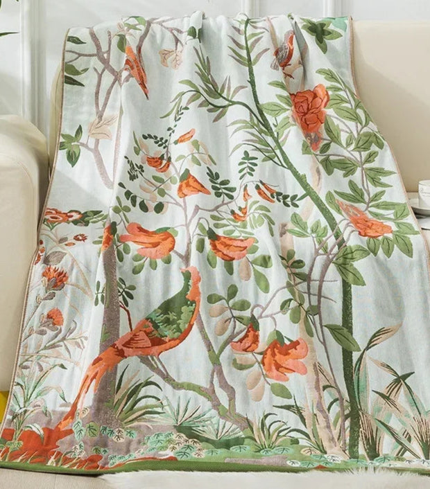 Grand serviette de plage en coton avec motifs floraux et oiseaux, 90x180 cm, léger et absorbant | SuzzaneMarket