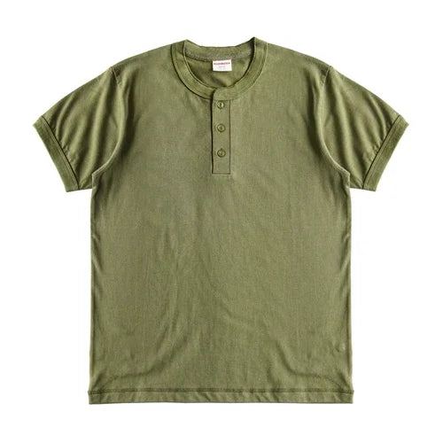 T-Shirt Col Henry 100% Coton Haute Qualité Kaki