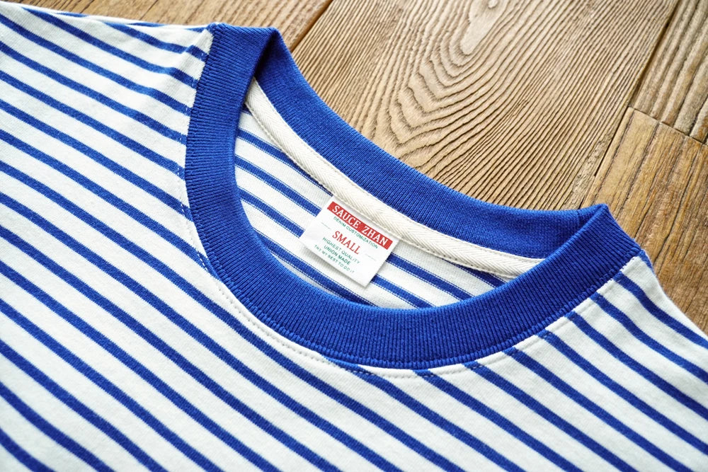 T-Shirt Marinière Bleu 100% Coton Haute Qualité Détail Col