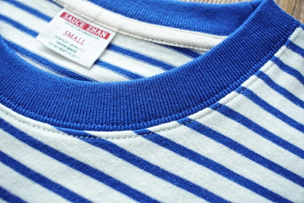 T-Shirt Marinière Bleu 100% Coton Haute Qualité Détails Coutures Col