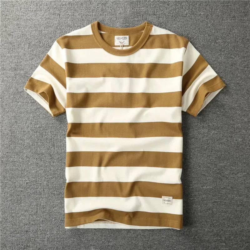 T-Shirt Rayé Bandes Larges 100% Coton Beige et Blanc