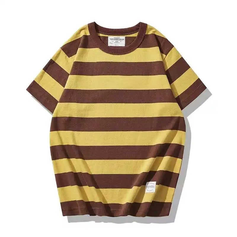 T-Shirt Rayé Bandes Larges 100% Coton Marron et Jaune