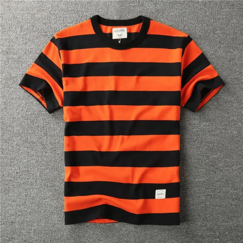 T-Shirt Rayé Bandes Larges 100% Coton Orange et Noir