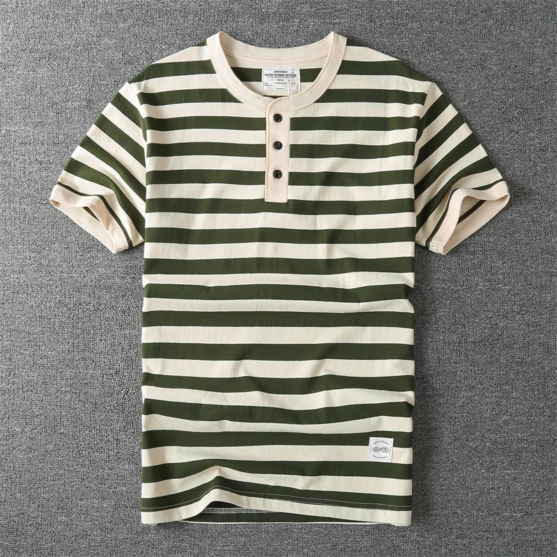 T-Shirt Rayé Col Henry 100% Coton Vert et Beige