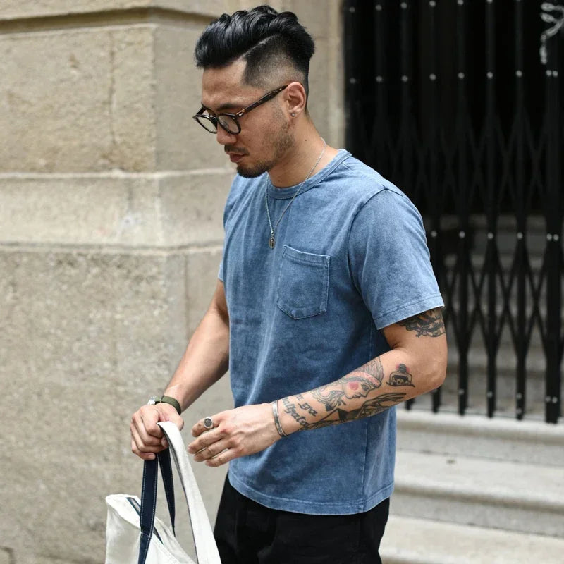 T-Shirt Vintage Pocket  100% Coton Haute Qualité Bleu Délavé