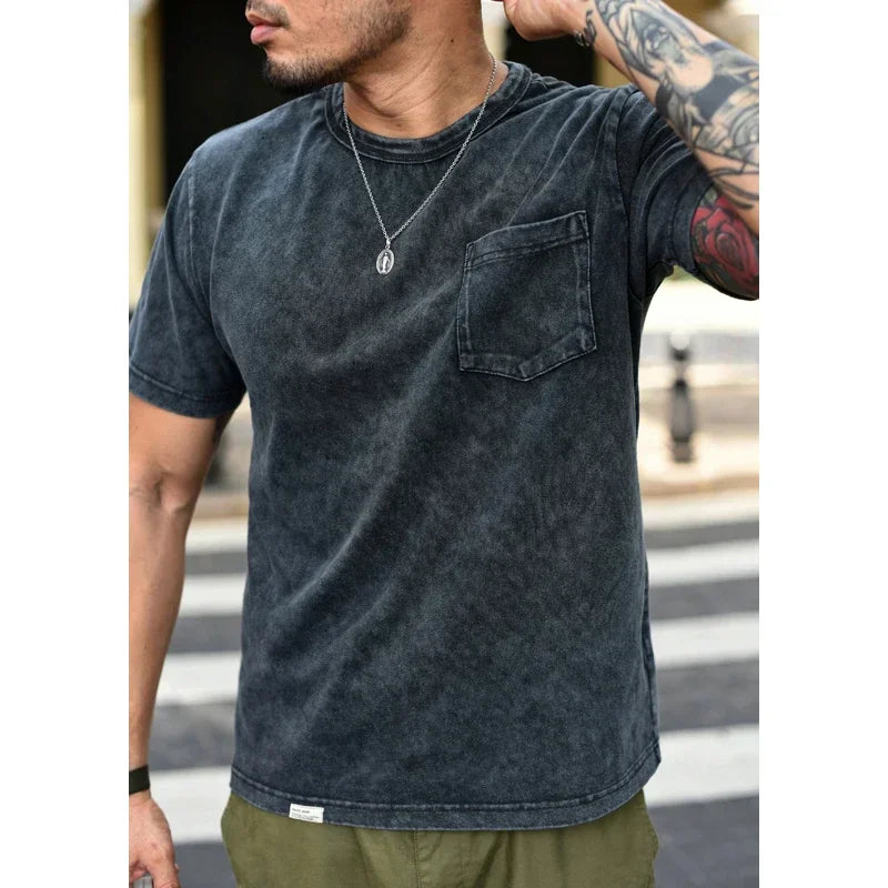 T-Shirt Vintage Pocket  100% Coton Haute Qualité Noir Délavé
