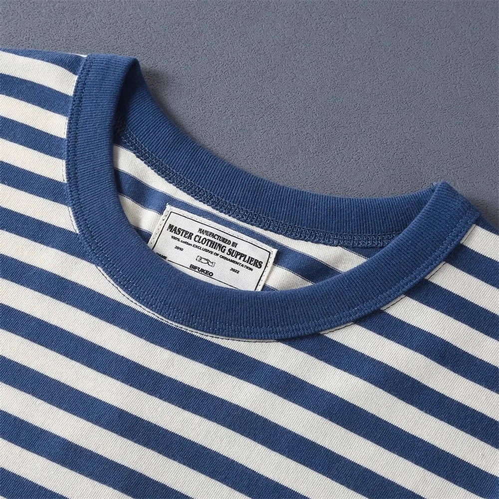 T-shirt Rayé 100% Coton Royal-Blue Détails Col