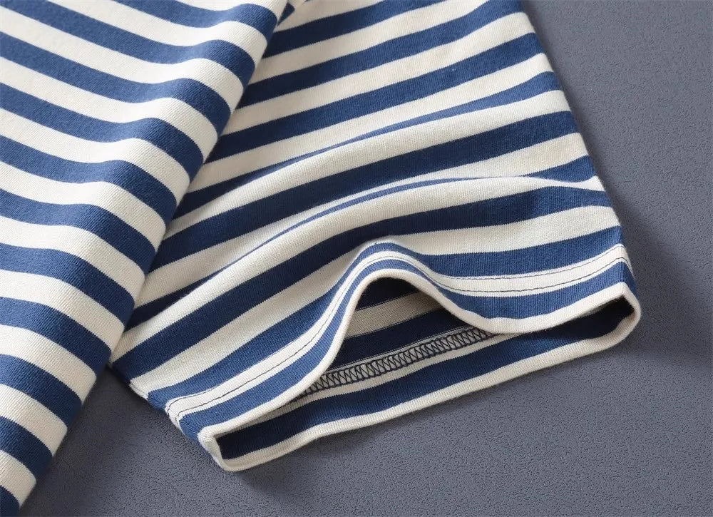 T-shirt Rayé 100% Coton Royal-Blue Détails Manche