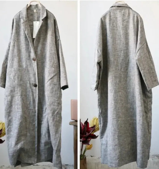 Trench Lin Froissé gray linen coat with oversized fit, simple button closure, and wrinkled texture | SuzzaneMarket