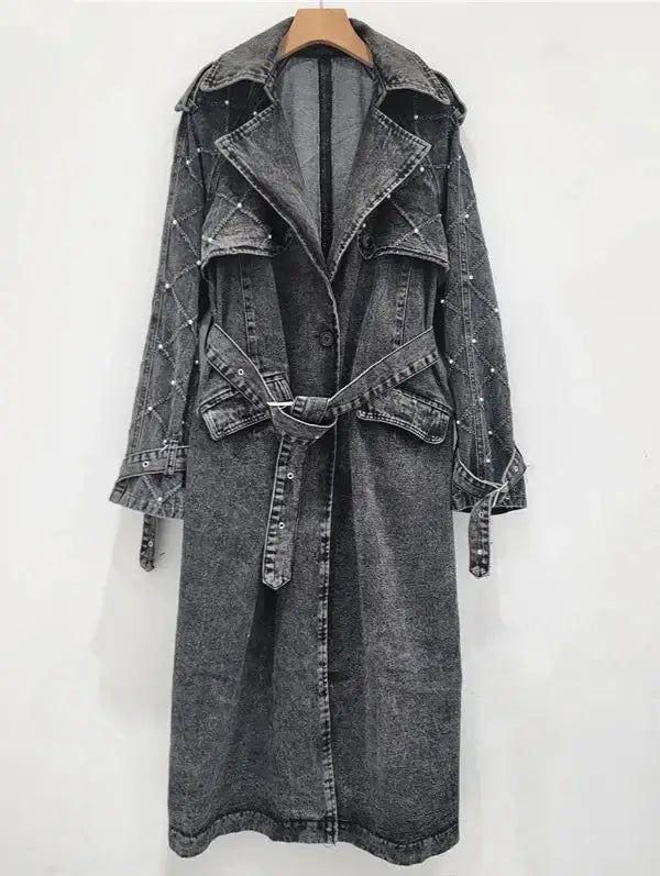 Long gray denim trench coat with embroidered detailing and belt | SuzzaneMarket