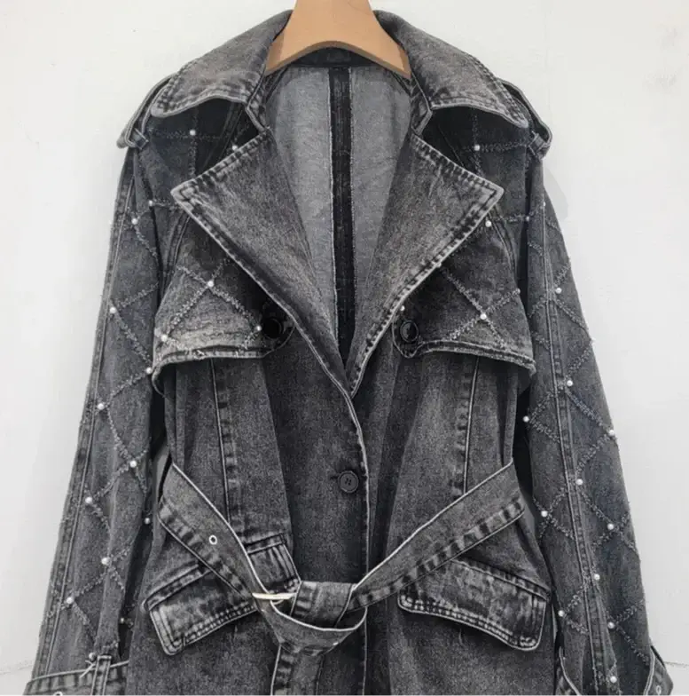 Trench jeans coat PETRA in faded gray with embroidery details, belt, and simple button closure | SuzzaneMarket