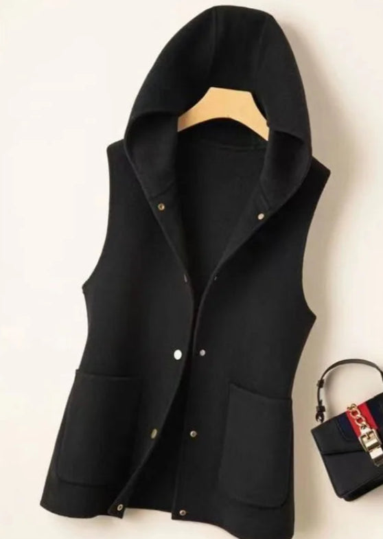 Veste tissage laine noire avec capuche et poches, demi-saison, fermeture pressions | SuzzaneMarket
