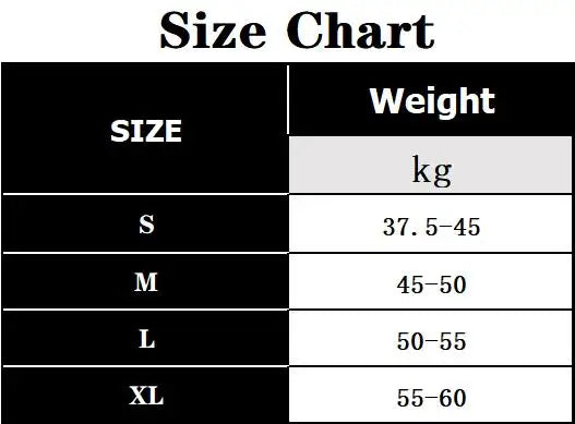 Size chart for WENA windbreaker, showing sizes S to XL and corresponding weight ranges in kilograms | SuzzaneMarket.
